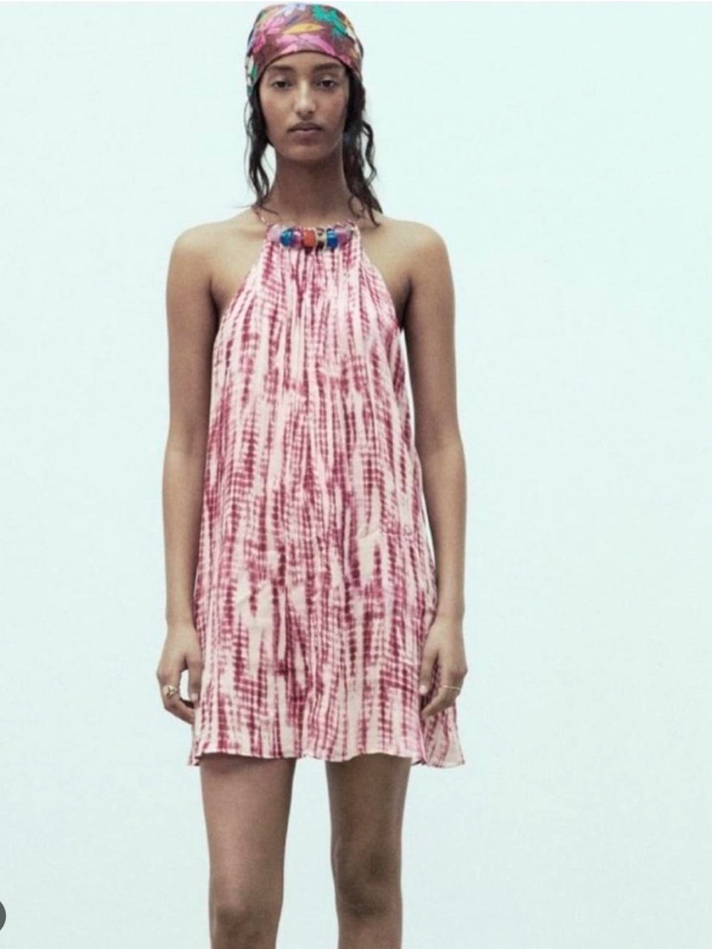Zara Beaded Tie Dye Halter Neck Viscose Dress Size Medium